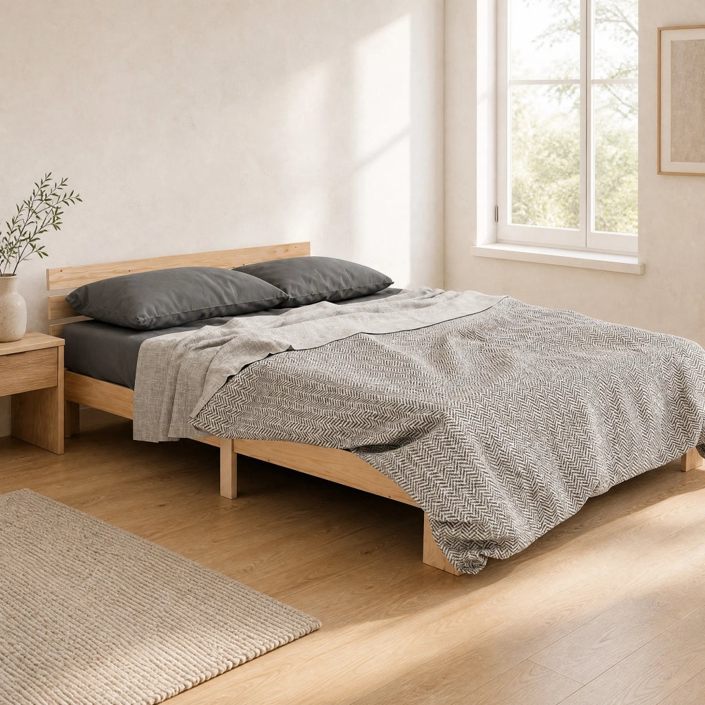 Letto matrimoniale in legno massello 140x200 cm con rete a doghe, colore naturale