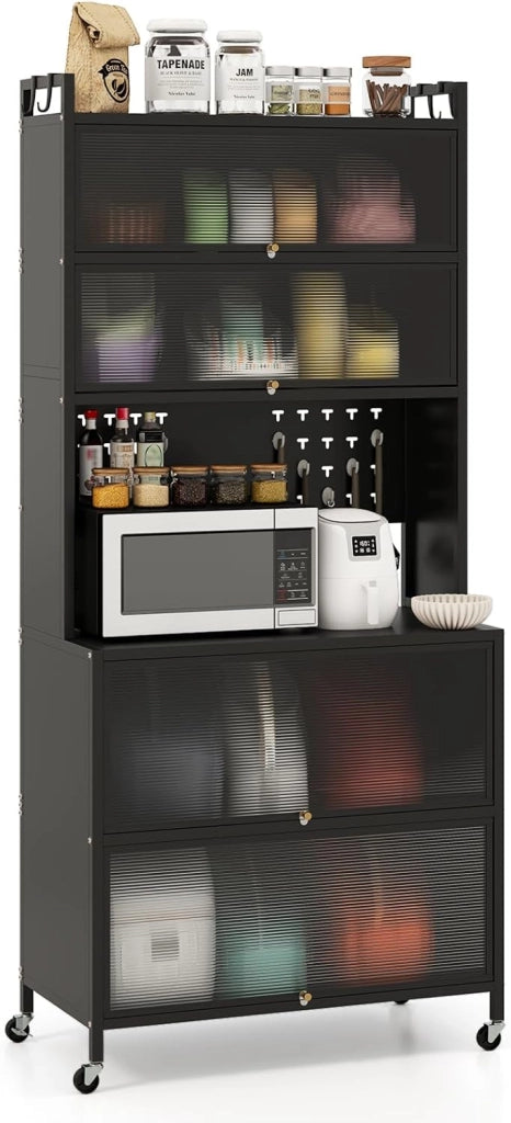 Credenza Alta per Cucina con 6 Ripiani e 4 Ante a Ribalta Traslucide, Mobile Cucina con Ruote e Panello a Ganci, Armadio Cucina Porta Microonde, per Soggiorno (Grigio, 80 x 40 x 178 cm)