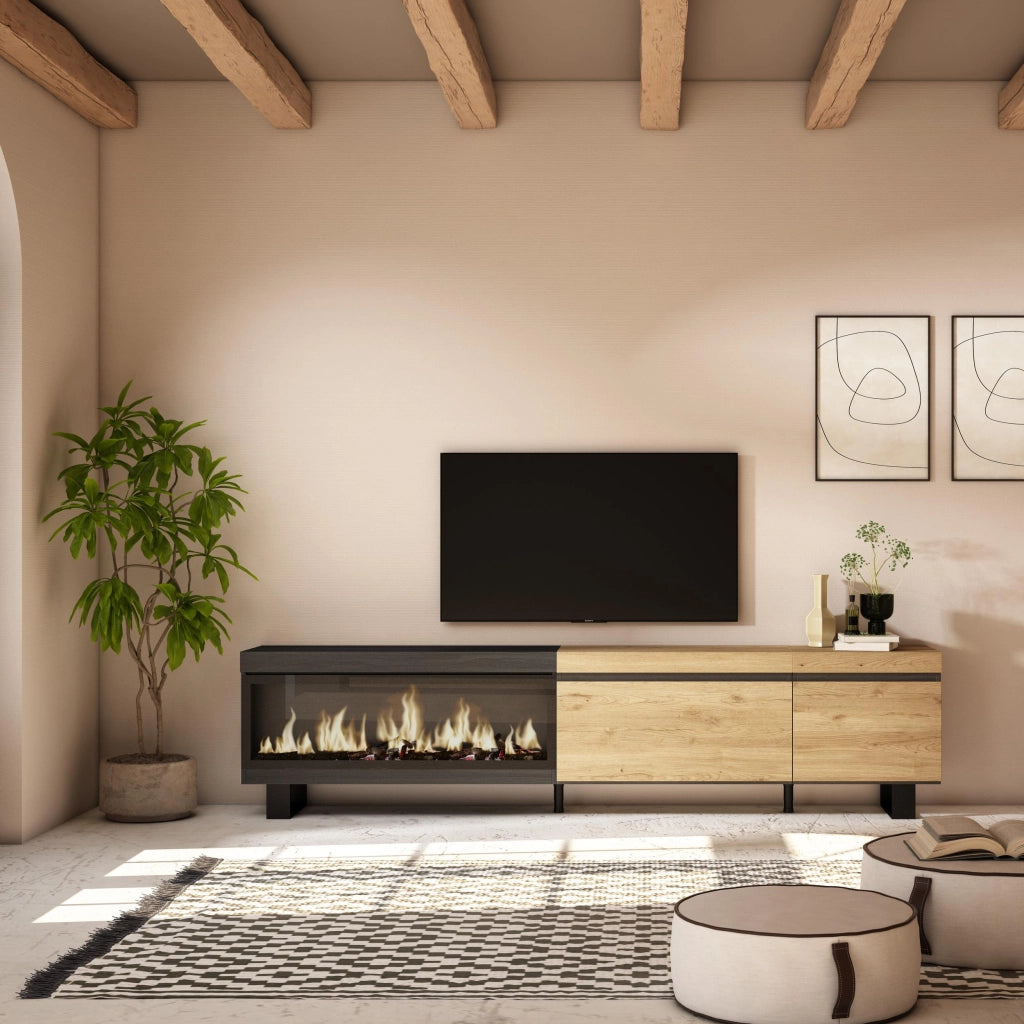 Mobile TV Soggiorno, 237x35x57cm, TV di grande formato, Camino elettrico XXL, Design industriale, colore Rovere e nero RF3584