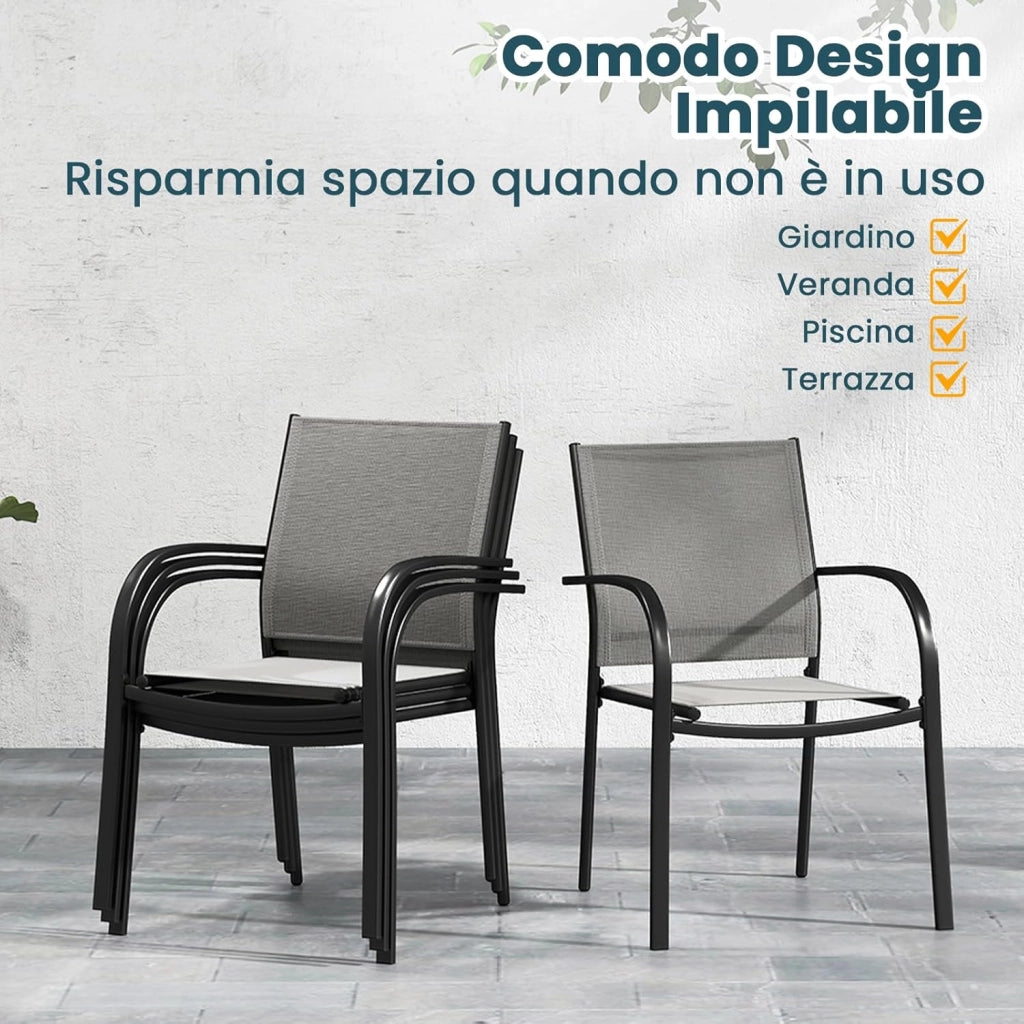 Set di 2 Sedie da Giardino, Sedie da Pranzo Impilabili in Metallo, con Seduta e Schienale Traspiranti, Poltrona Esterno per Giardino Piscina Balcone, Portata 150 kg