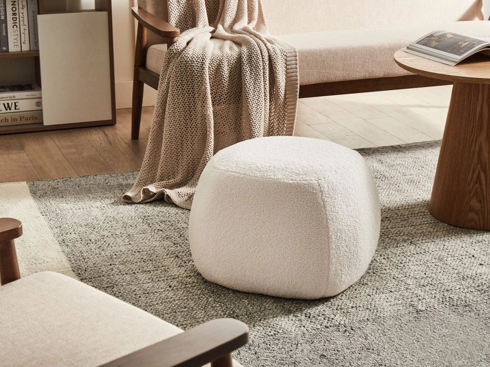 Poggiapiedi Bianco sporco Boucle Round Pouf imbottito Glam Ottomane Mobili Soggiorno