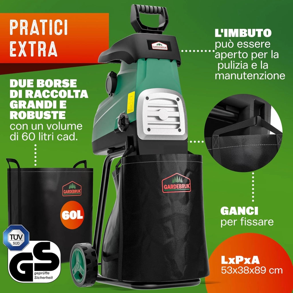 ® Trituratore Elettrico Silenzioso a Rullo 3100W Biotrituratore Sacchi di Raccolta 2x60L Tritatutto da Giardino