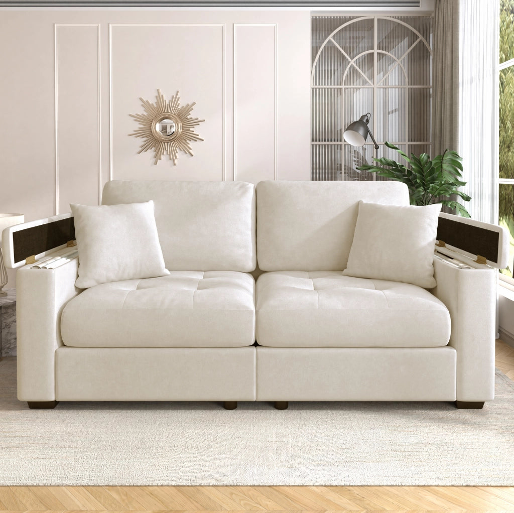 Divano 2 posti in ciniglia beige con contenitori e 2 cuscini