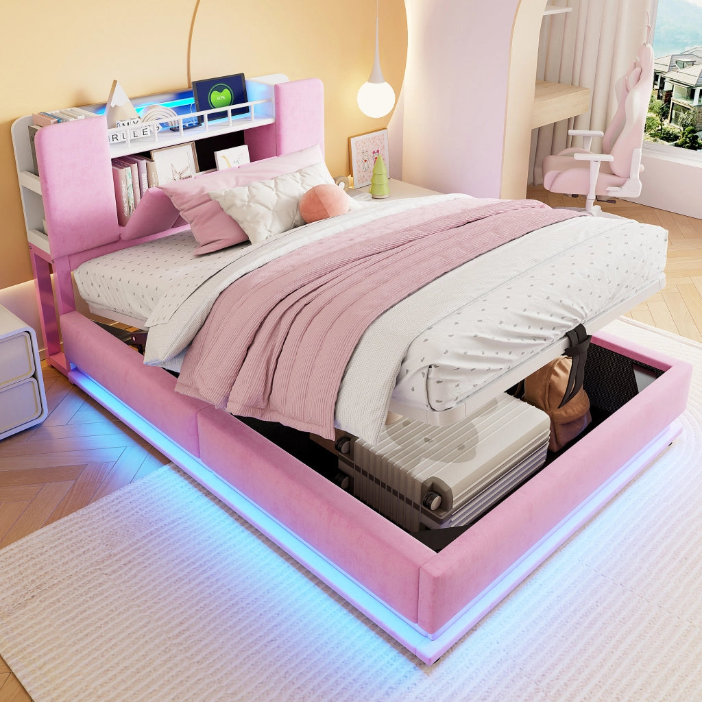 LETTO Polsterbett per bambini 90x200 cm Rosa in velluto con LED, USB e contenitore