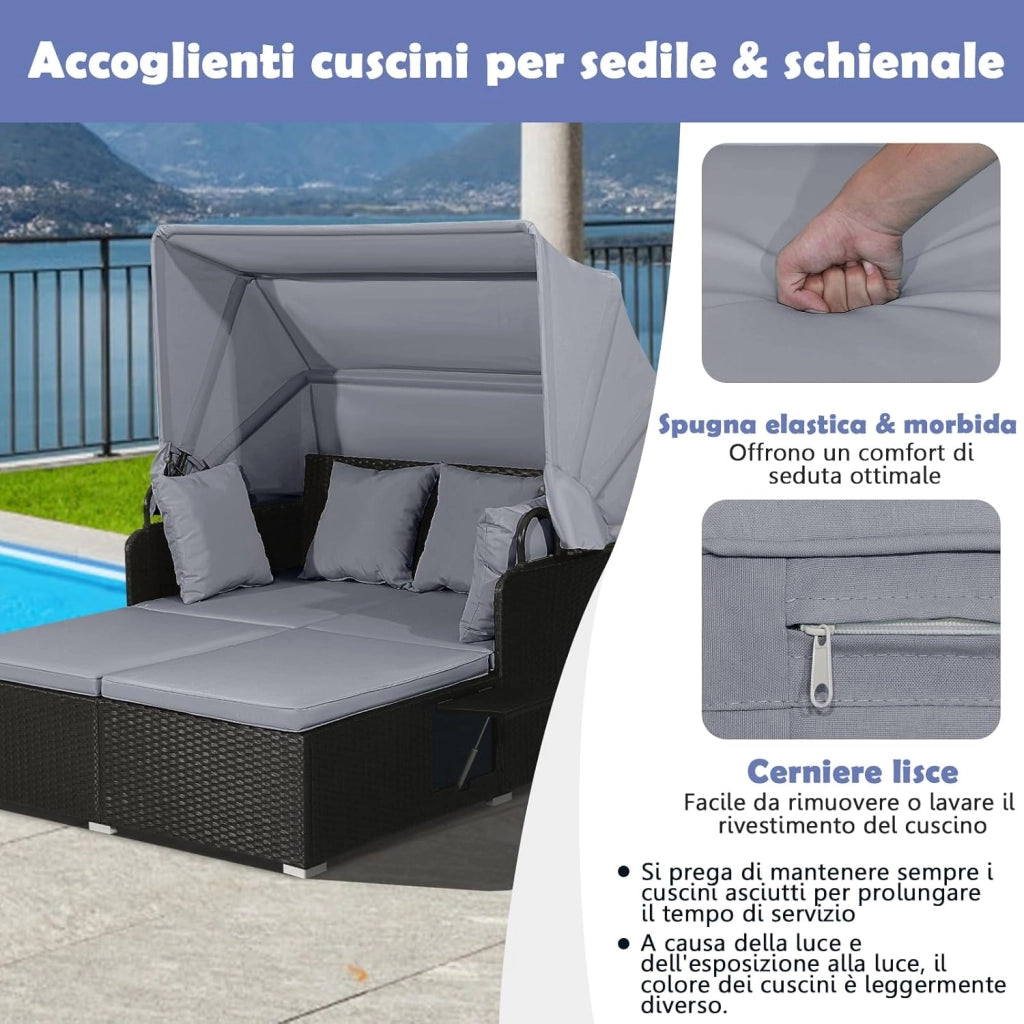 Lettino Prendisole per 2 Persone, Divano Letto Matrimoniale da Esterno in Rattan con Tettuccio Retrattile e Cuscini, Isola Prendisole per Giardino Cortile Balcone,165 x 153 x 138 cm (Grigio)