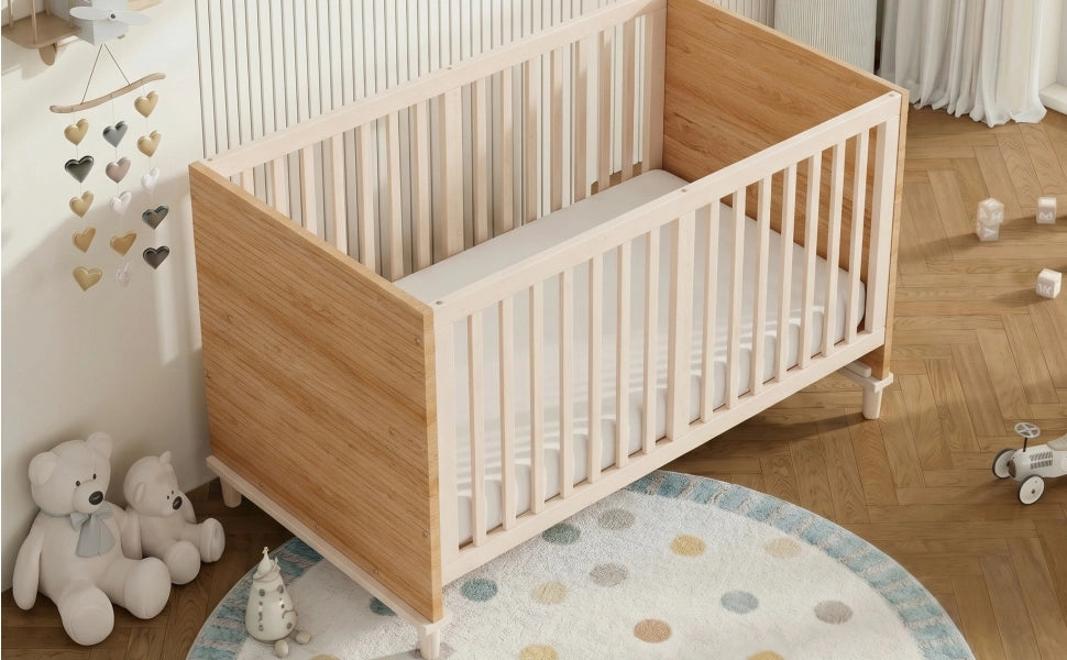 Lettino per bambini con rete a 5 altezze regolabili, struttura in legno massello e MDF, colore naturale, 144 x 74 x 87 cm