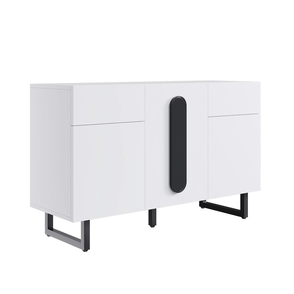 Credenza 120 cm con Cassetti e Ante ¨C MINIMAL ¨C Bianco con Maniglie Nere e Gambe in Metallo