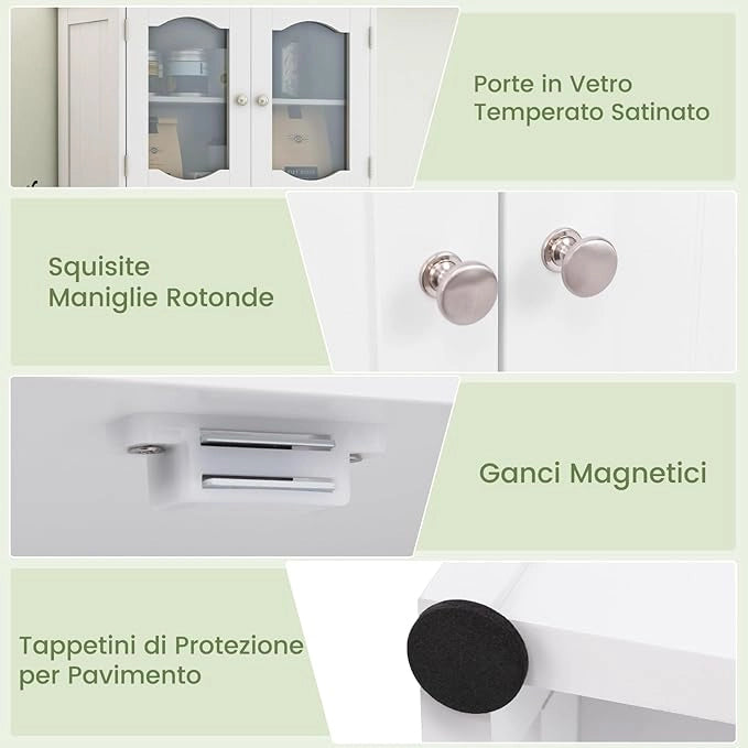 Armadietto Salvaspazio 60 x 30 x 148,5cm, Mobile Bagno con Scomparti Aperti, Scaffafli Regolabili e 2 Porte in Vetro Temprato, Armadio da Bagno per Ufficio, Soggiorno e Camera da Letto, Bianco