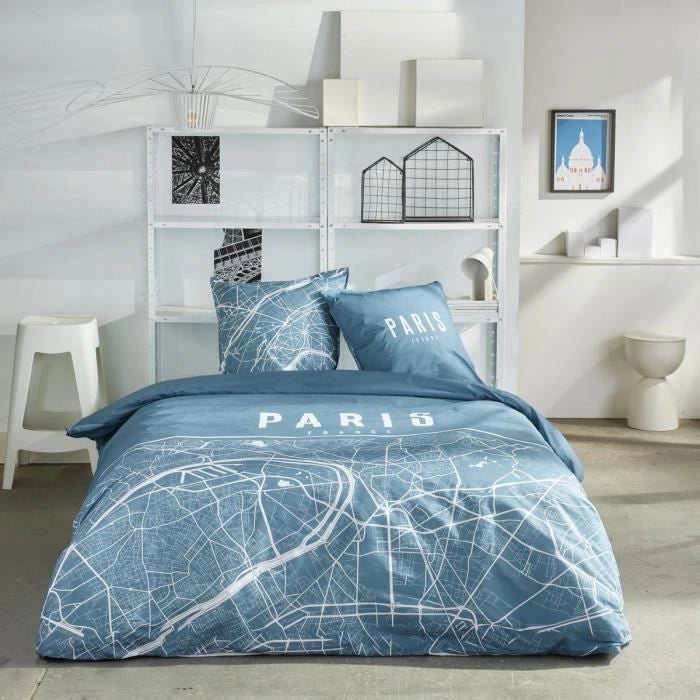 Completo letto - TODAY - JAVA - 2 persone - 240x220 cm - Cotone - Stampa Parigi - Blu