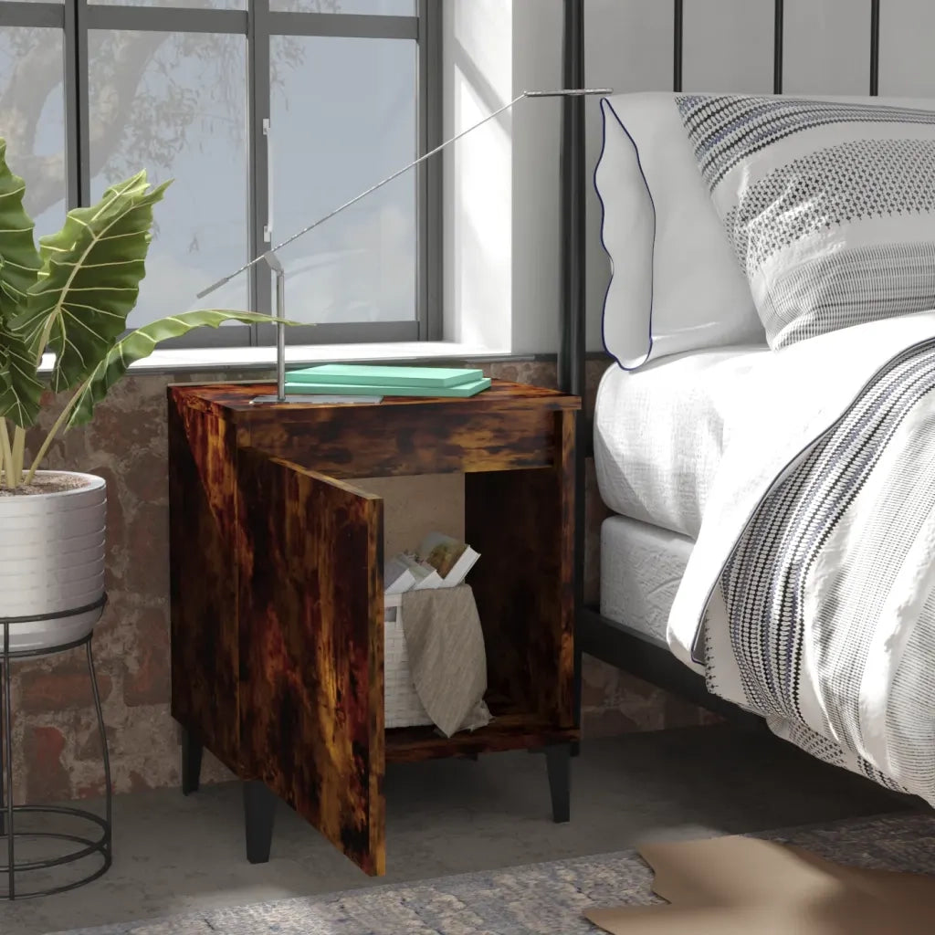 Comodino con Gambe in Metallo Rovere Fumo 40x30x50 cm 813116