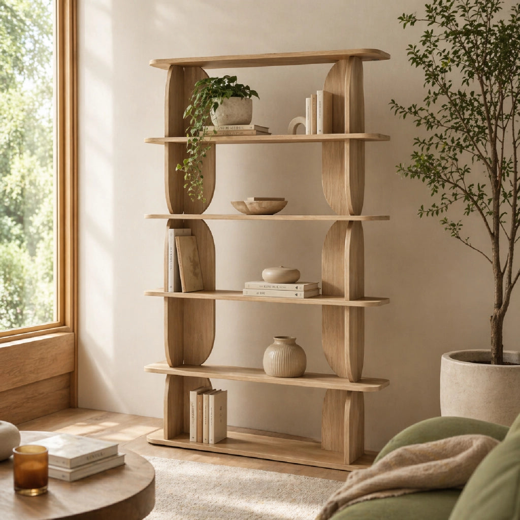Libreria Moderna Con 5 Ripiani A Giorno Design Minimal Per Soggiorno Salotto Studio Corridoio Zona Living E Ufficio In Melaminico 120 X 181.5 X 34 Cm Rovere Naturale