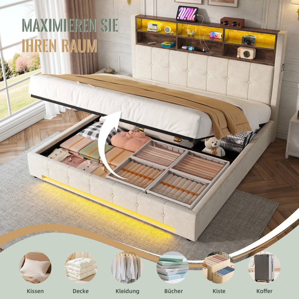 LETTO Contenitore 180x200 cm Velluto Beige con testiera multifunzione