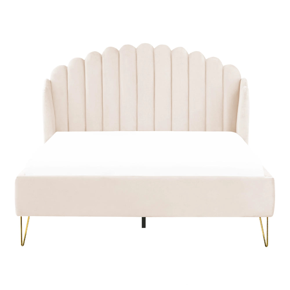 Letto con rete in velluto beige 140 x 200 cm gambe in metallo testata retro capitonné