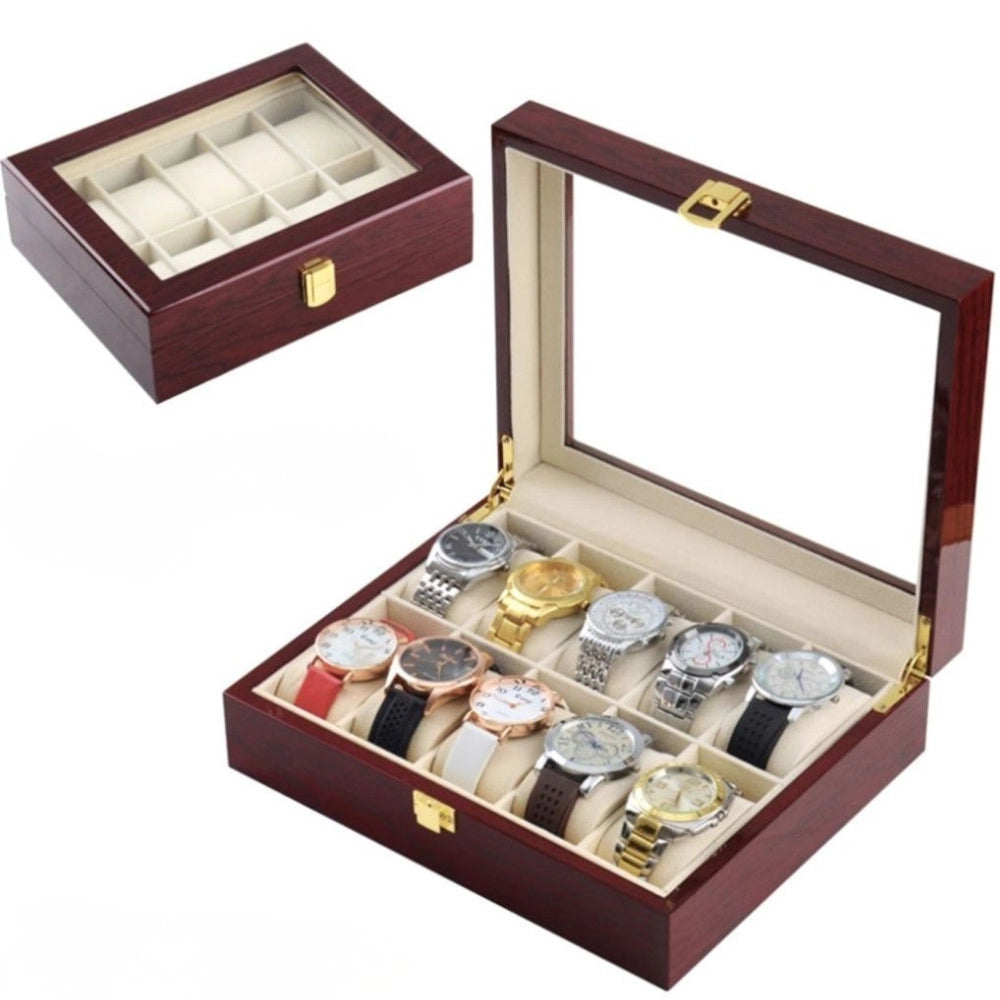 Trade Shop - Scatola Porta Orologi 10 Posti In Legno Con Vetro Custodia Elegante Effetto Lusso -