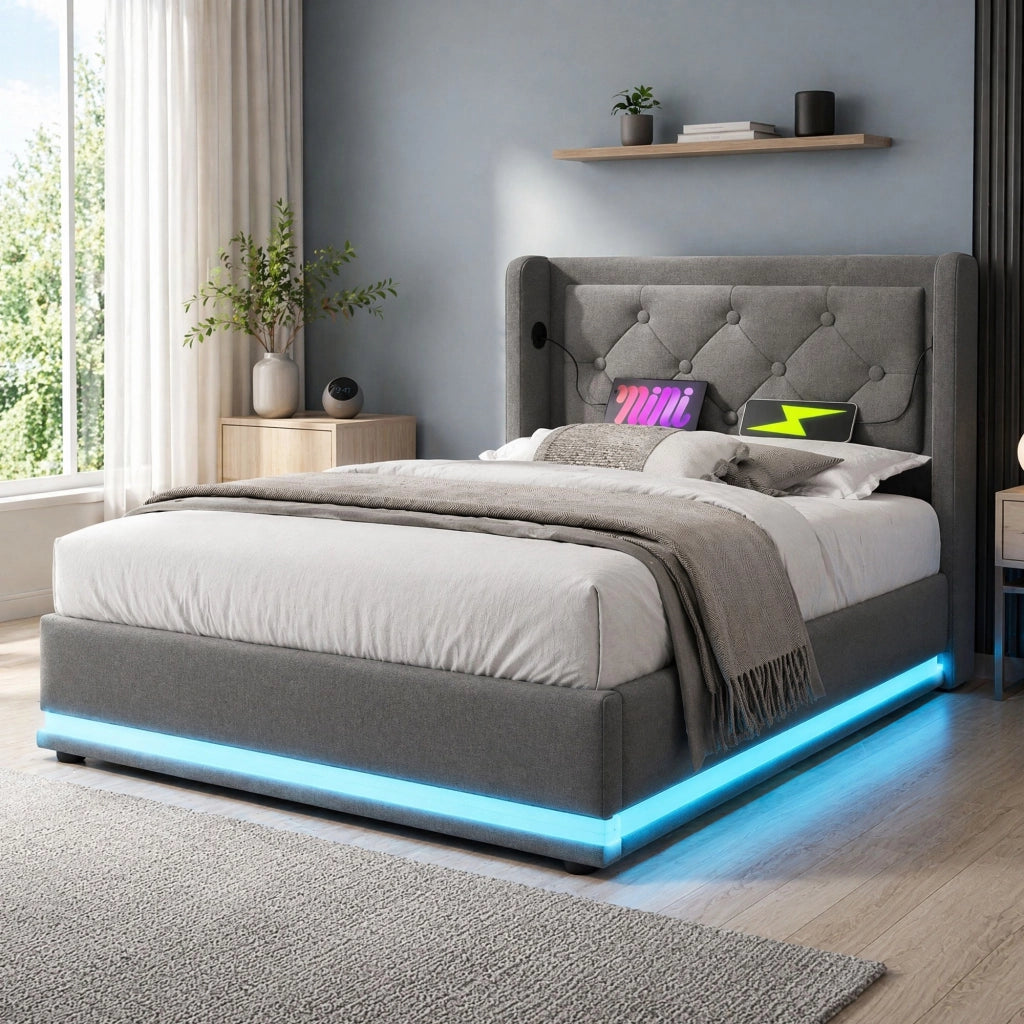 Letto singolo imbottito 90x200 cm con contenitore; testiera con USB e LED; grigio in cotone