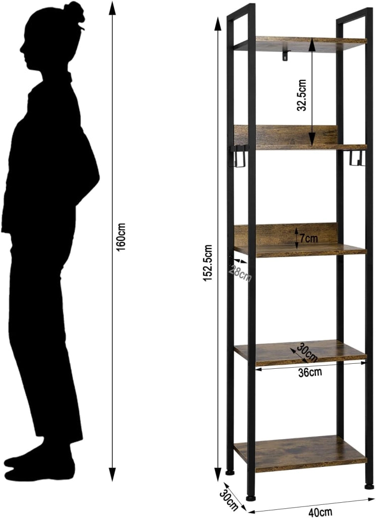 Libreria a 6 Ripiani, Scaffale con 4 Ganci Industriale, Scaffale a Scala in MDF e Metallo per Soggiorno, Cucina, Studio, Ufficio,Bianco,40x30x187cm RGB931hov