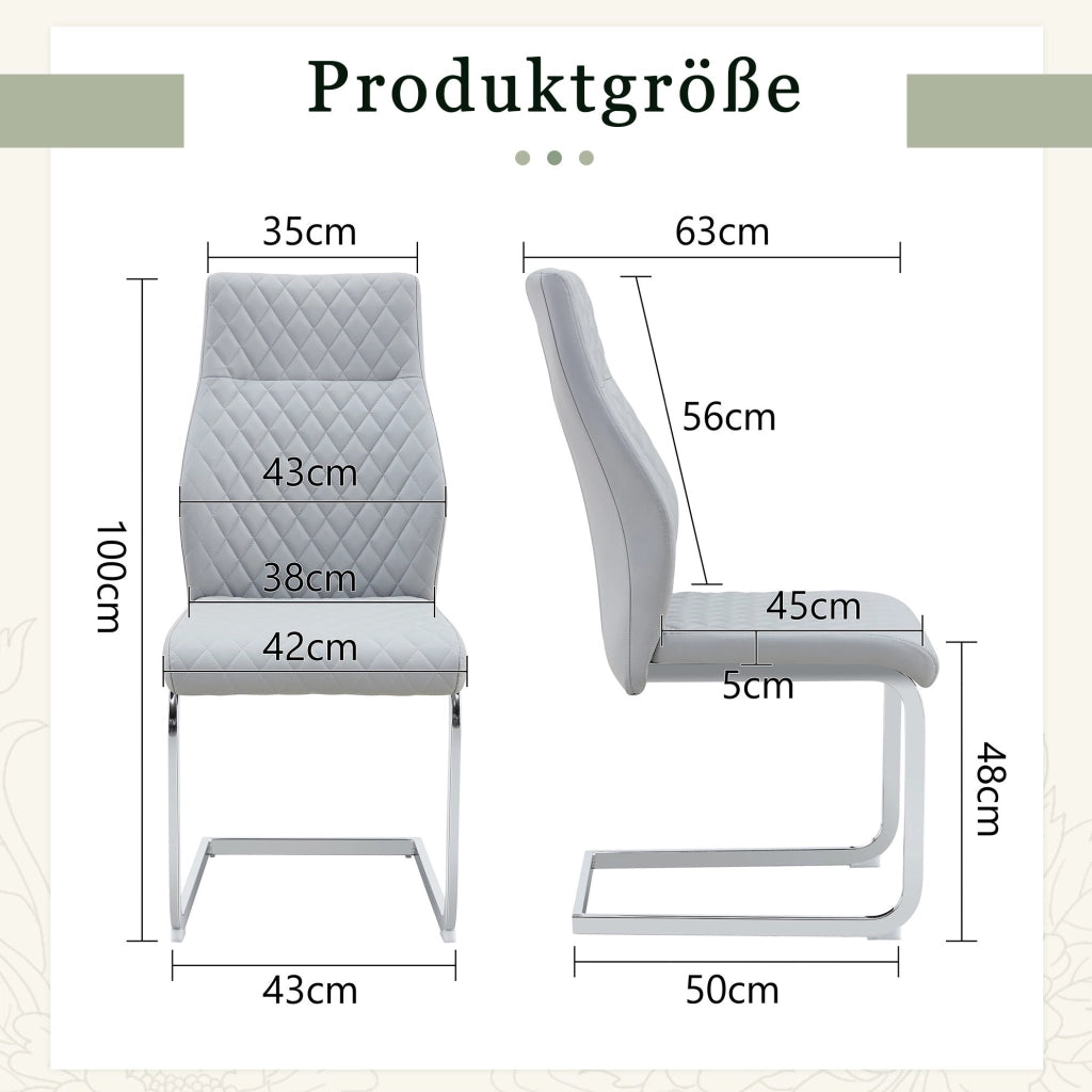 Set di 2 sedie da pranzo in similpelle PU grigio chiaro; schienale alto 100 cm; struttura in metallo argento
