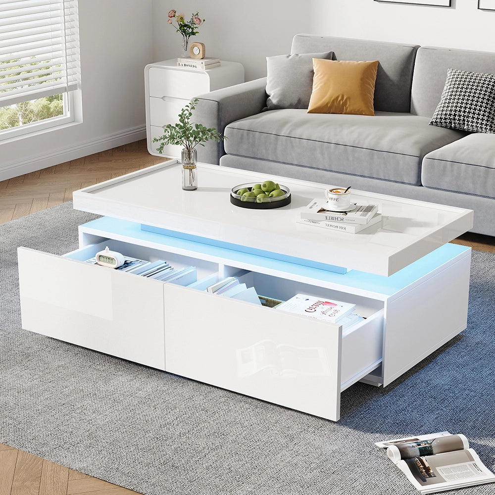 Tavolino moderno - Xylo - 95x45cm LED 2 cassetti bianco