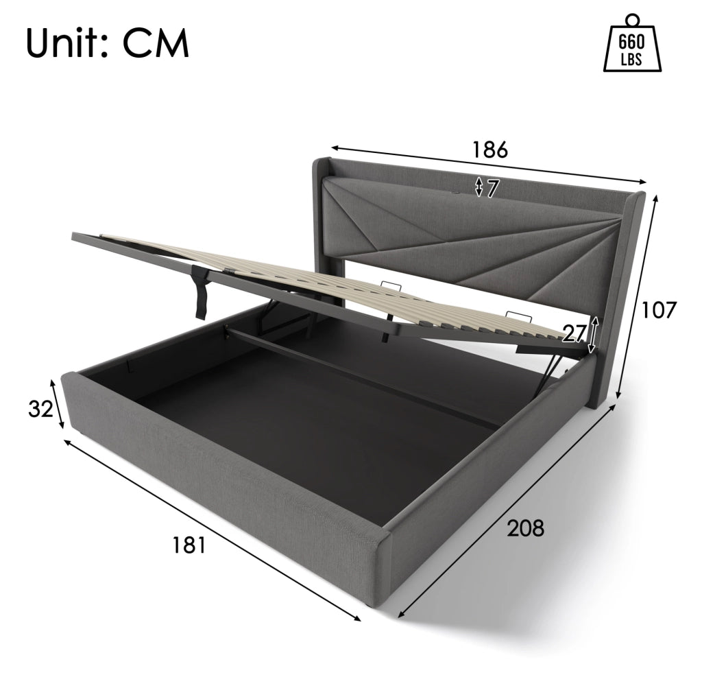 Letto matrimoniale 180x200 grigio con vano contenitore, testiera USB/Type-C e rete