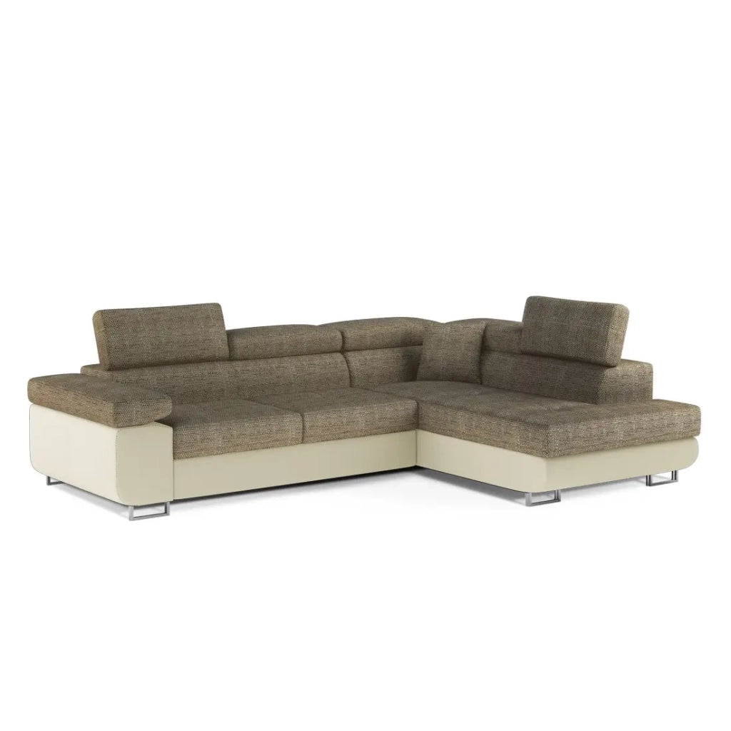Divano ad angolo convertibile MENTON beige bouclé – 4 posti con vano contenitore e poggiatesta