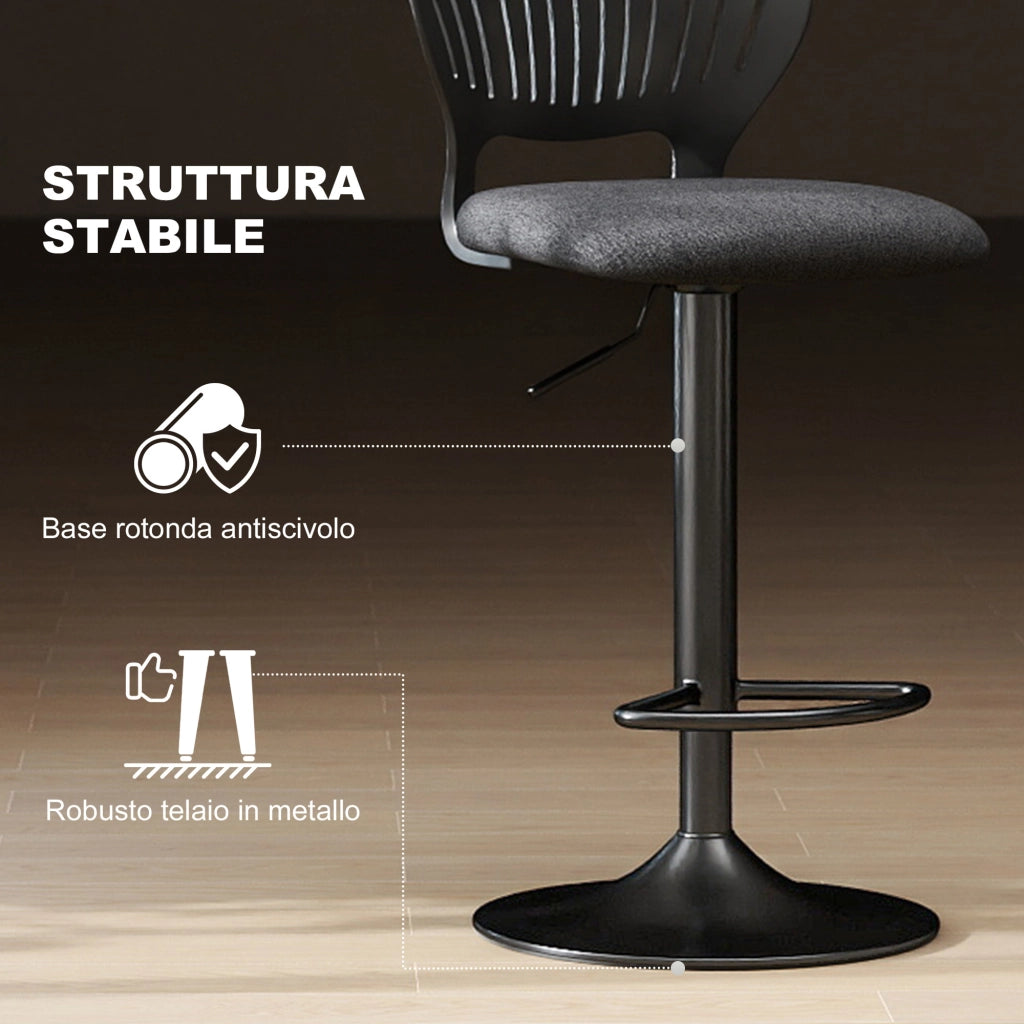 Set 2 Sgabelli da Bar 40,5x43x84-105 cm in Tessuto Effetto Lino e Metallo con Poggiapiedi Nero