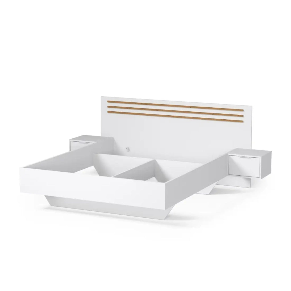Pacchetto letto FLORENCE – 160x200 cm – Con doghe + 2 cassetti – Comodini integrati – Bianco e rovere