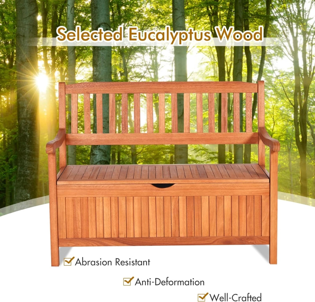 Panca da Giardino, Panca Esterno in Legno di Acacia, con Contenitore, Panchina a 2 Posti con Baule, con Borsa Impermeabile, Deposito Esterno in Legno con Braccioli e Schienali