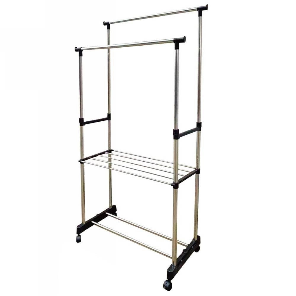 Trade Shop - Stand Appendiabiti Doppio In Acciaio Con Ruote Aste Telescopiche Regolabile -