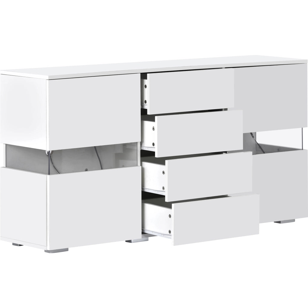 Madia con 2 ante e 4 cassetti; illuminazione LED - in MDF - 145x35x72 cm - bianco