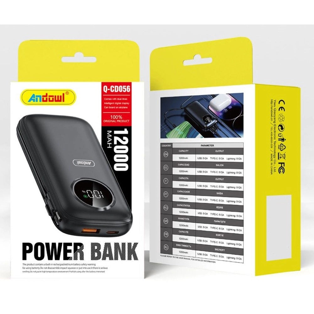 Trade Shop - Power Bank Q-cd056 Da 12000 Mah Con Display Digitale Intelligente Cavi Integrati -