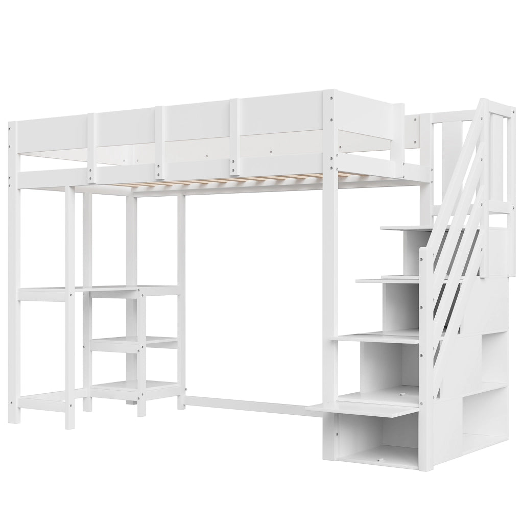 OKWISH Letto a Soppalco 90×200 cm, Letto Singolo con Scala Contenitore, Mensola e Sponde, senza Materasso, in Legno, Bianco