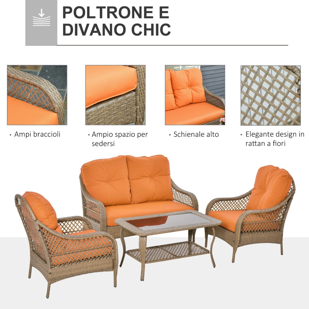 Easycomfort Set Mobili da Giardino in Rattan PE con 2 Poltrone Divano a 2 Posti e Tavolo e Cuscini, Colore Khaki e Arancione