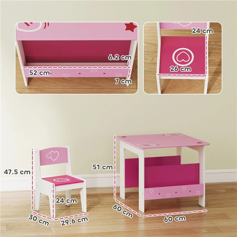 SET TAVOLO CON 2 SEDIE PER BAMBINI 3-8 ANNI, TAVOLINO CON SCAFFALE IN LEGNO MDF CON DISEGNI A CUORI, ROSA