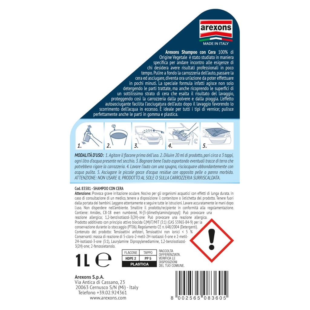 Shampoo Auto con Cera Autoasciugante Arexons 1 l