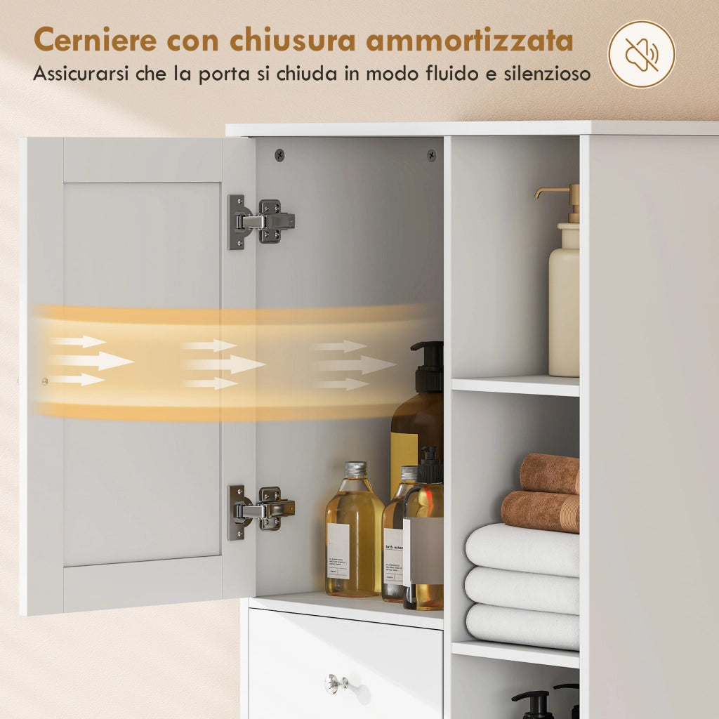 Armadietto da Bagno 60x28,8 x 171 cm conCesto Biancheria Inclinabile in MDF e Tessuto Bianco