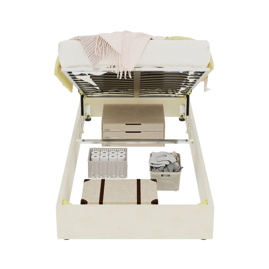 Letto 90x200 cm con contenitore a sollevamento a gas in tessuto beige