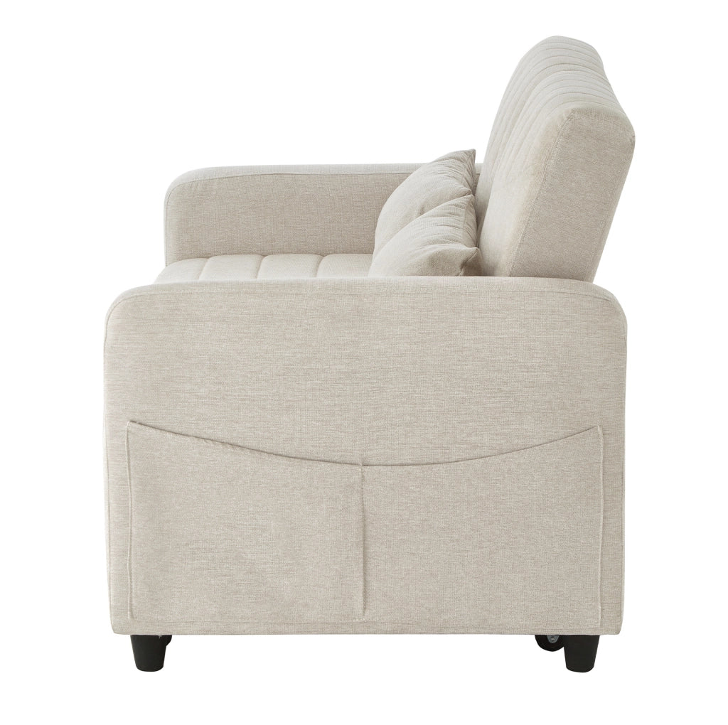 Sofà letto estraibile a due posti beige con schienale regolabile e due cuscini salvaspazio