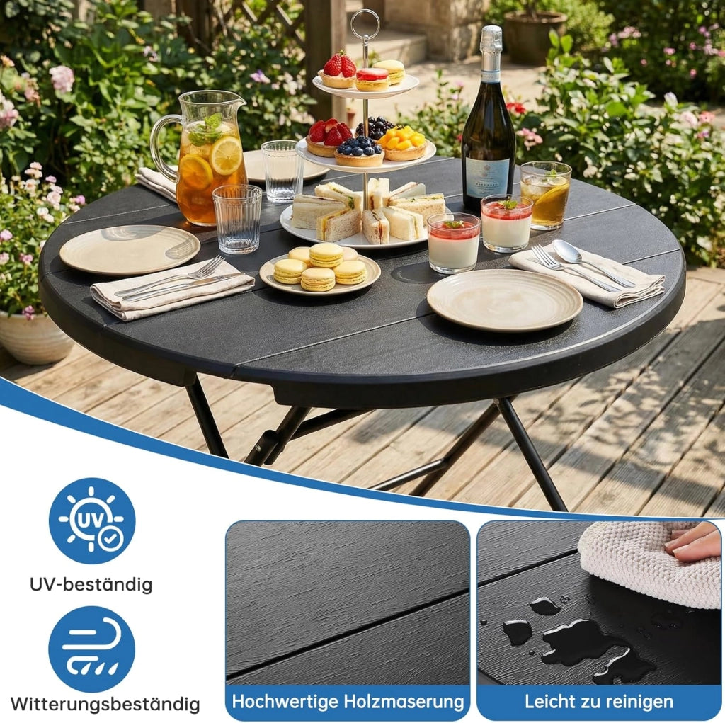 Tavolo Rotondo da Giardino φ80 x 74 cm, Tavolo Pieghevole Portatile, Tavolo da Campeggio in HDPE, Piano Effetto Legno, con Telaio in Acciaio, Carico Massimo 50 kg, per Giardino, Terrazza e Balcone
