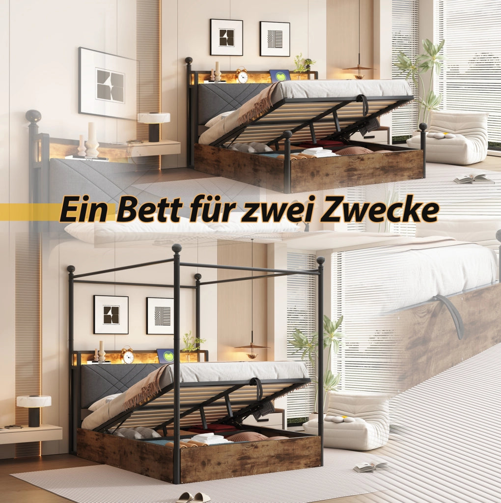 Letto 140x190 con LED, USB-C e vano contenitore idraulico