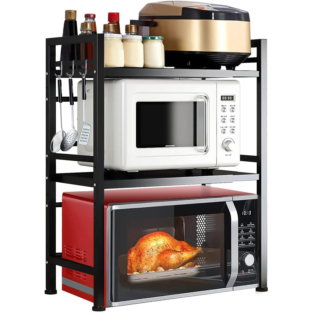 Scaffale Porta Microonde Allungabile 2 Ripiani Mensola da Cucina in Metallo Nero