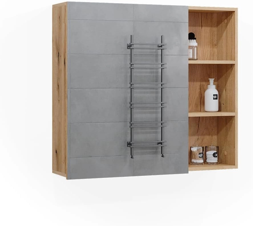 Specchio contenitore bagno Rudi, Rovere, 90 x 80.9 cm con anta e vani a giorno, con meccanismo push-to-open e struttura combinabile