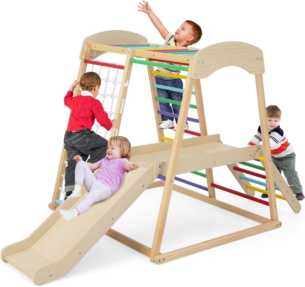 6 in 1 Set Arrampicata per Bambini, Palestra in Legno con Barre di Scimmia Scivolo Corda e Scale in Legno, Parco Giochi per Bambini 1+ Anni (Naturale)