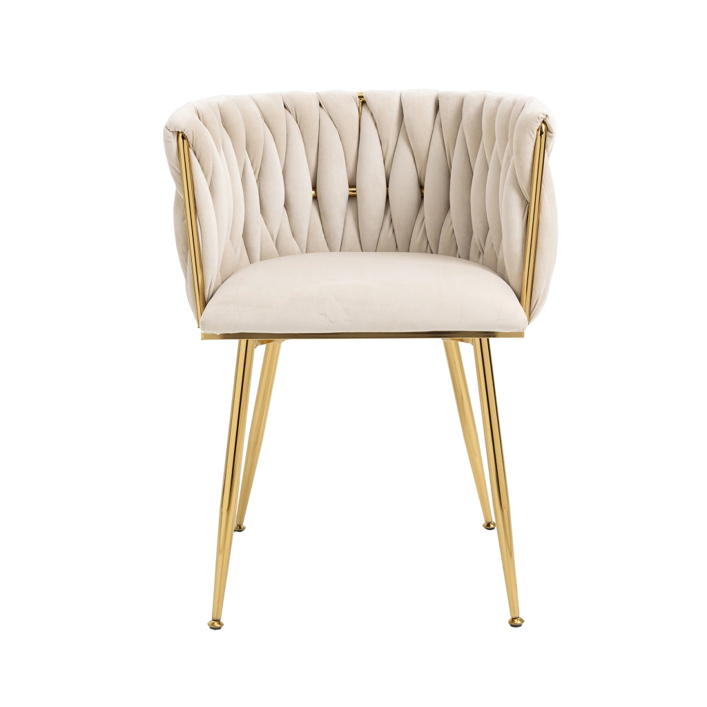 Sedia imbottita in velluto color avorio con gambe in metallo dorato, design curvo e struttura stabile