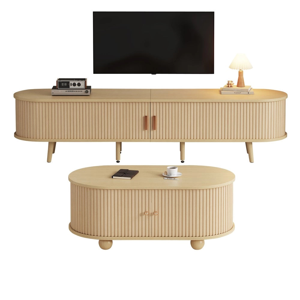 Mobile TV con Vano Contenitore e Tavolino da Caff¨¨ Ovale ¨C MINIMAL ¨C Legno Naturale MDF