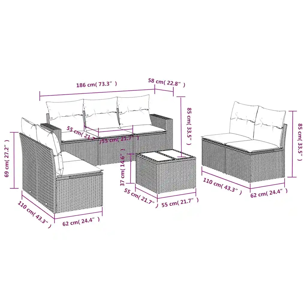 Set Divani da Giardino 8 pz con Cuscini Marrone in Polyrattan