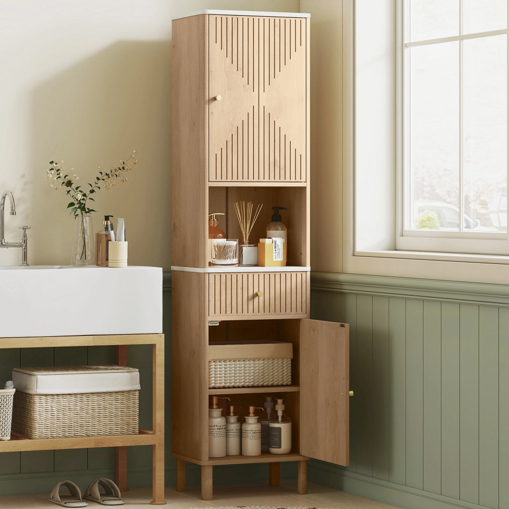 Mobile a Colonna Bagno 41,5x30x168 cm con  Ripiano Effetto Marmo e Ante Decorate in MDF Rovere