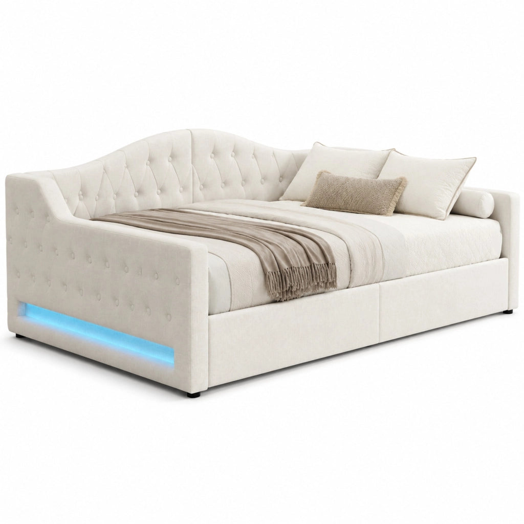 Letto a scomparsa imbottito 140x200 cm con LED e contenitore; beige