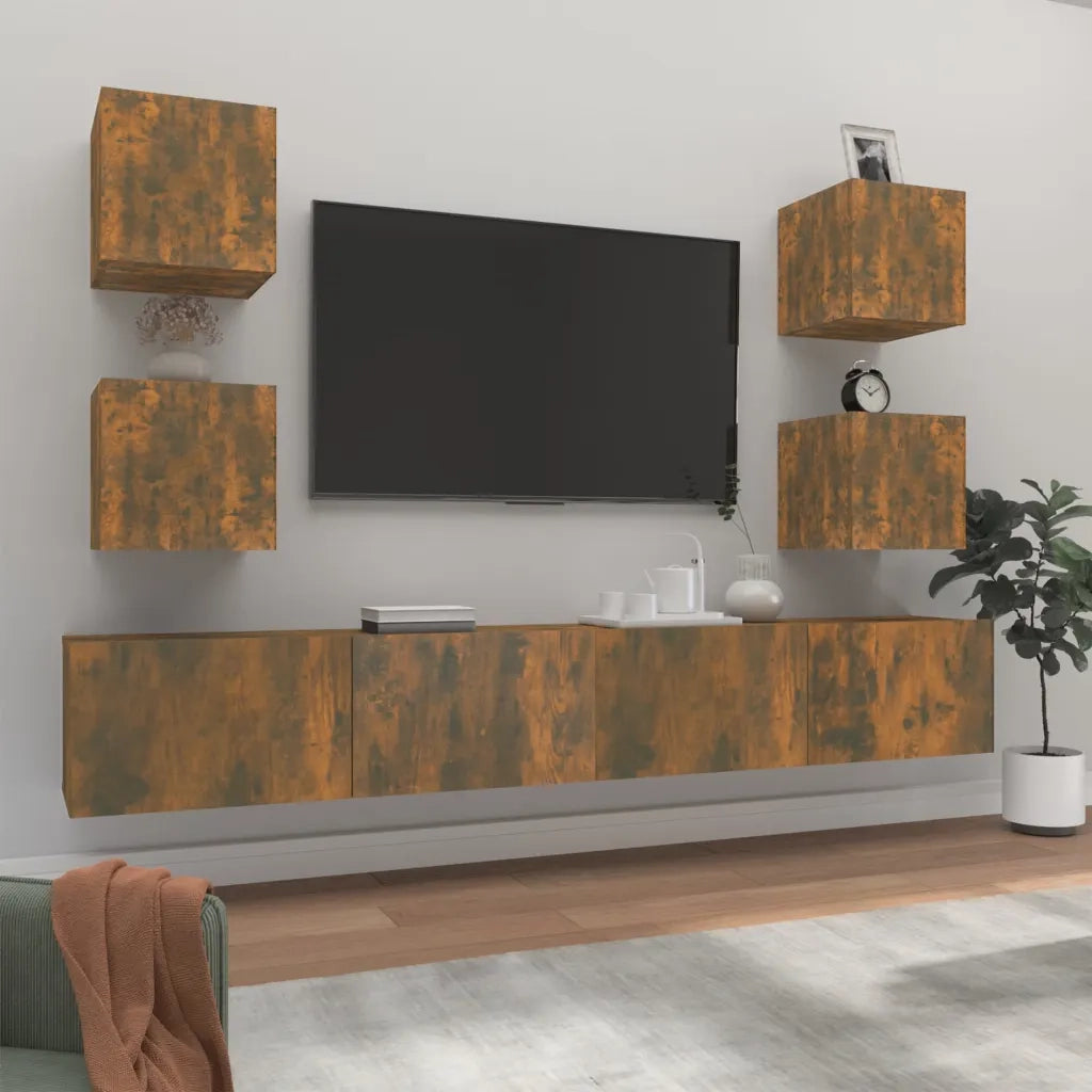Set di Mobili Porta TV 6 pz Rovere Fumo in Legno Multistrato cod mxl 10164