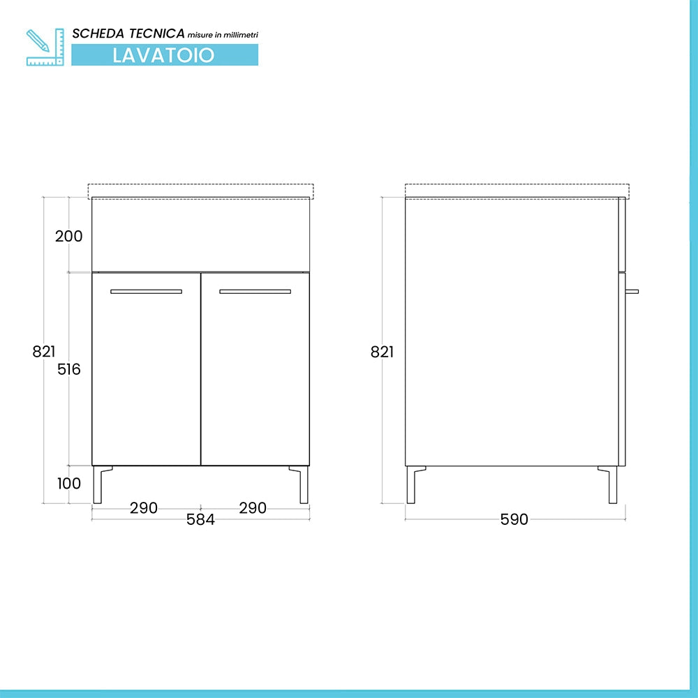 Mobile lavatoio 60x60cm bianco frassino con due ante e vasca in ceramica Revine