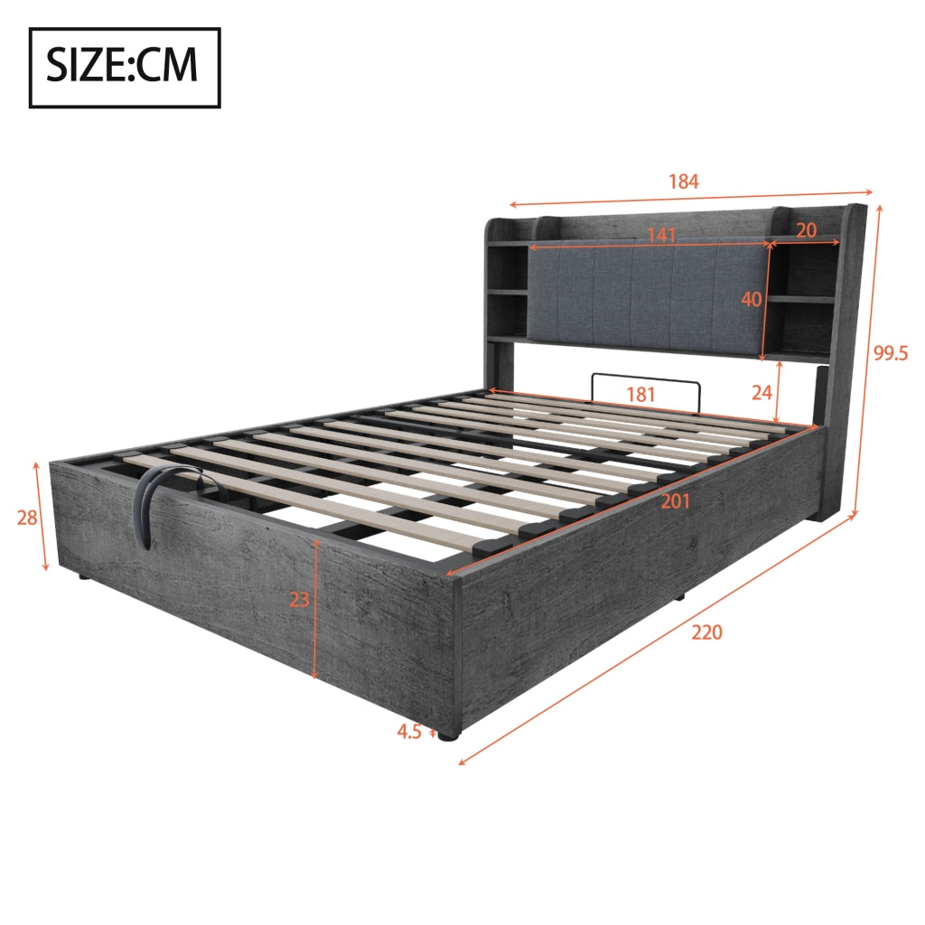 DESMIU Letto contenitore 180 × 200 cm 2 posti con vano idraulico, USB, Type-C e ripiani, senza materasso, in MDF, grigio